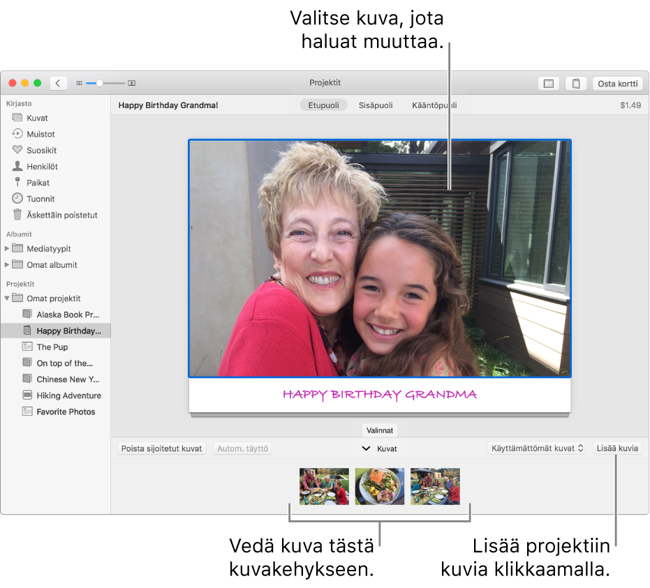 Kortti, jonka kuva on valittuna, ja Lisää kuvia -painike alaoikealla.
