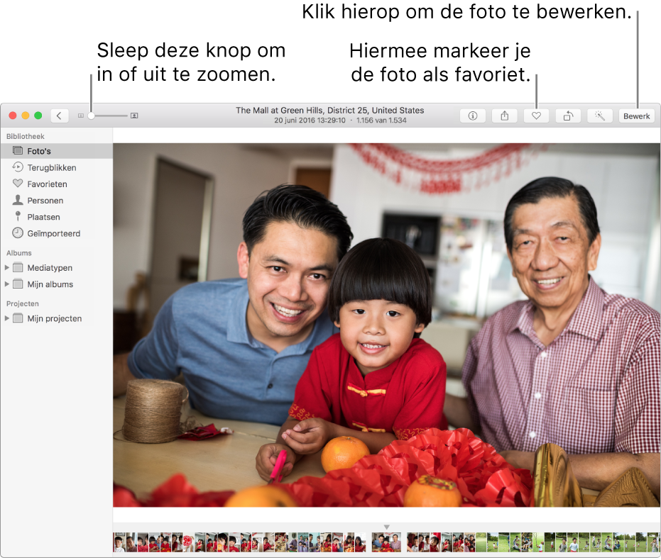 Het Foto's-venster met één foto.