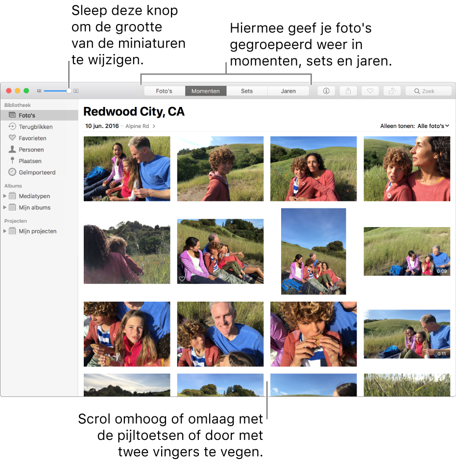 Het Foto's-venster met foto's in een moment.