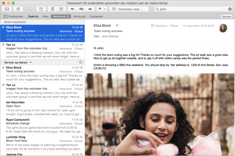 Het venster van Mail met "john" in het zoekveld en 'Beste resultaten' boven aan de zoekresultaten in de berichtenlijst.