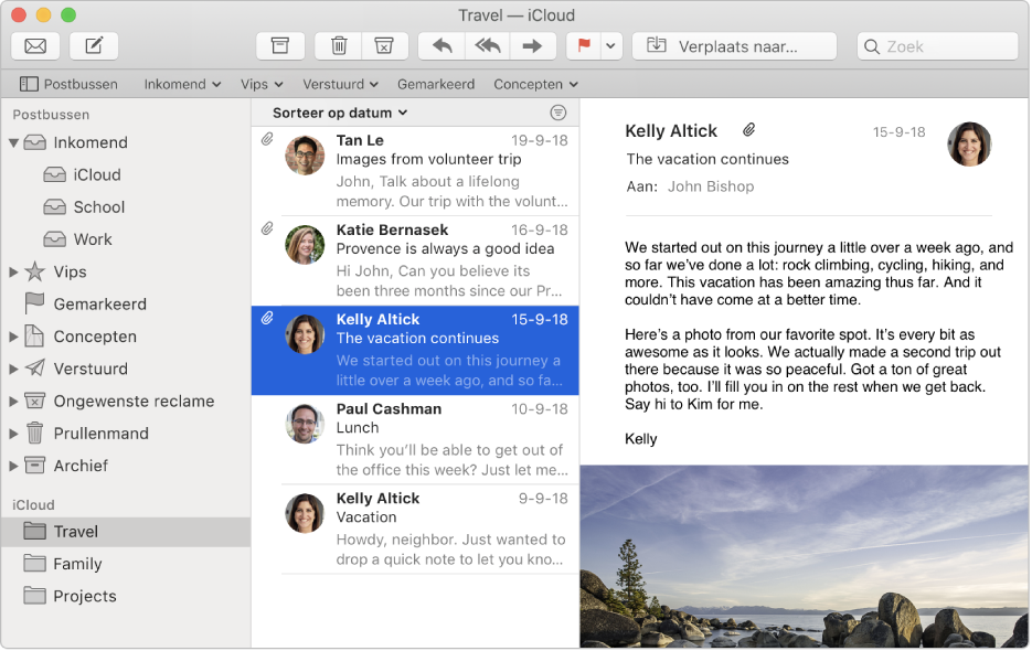 De navigatiekolom in het Mail-venster met verschillende postbussen voor een iCloud-account.