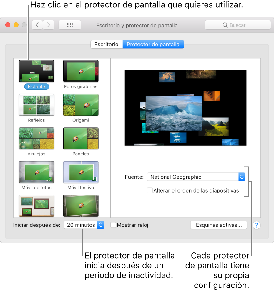 El panel “Protector de pantalla” de Preferencias del Sistema.
