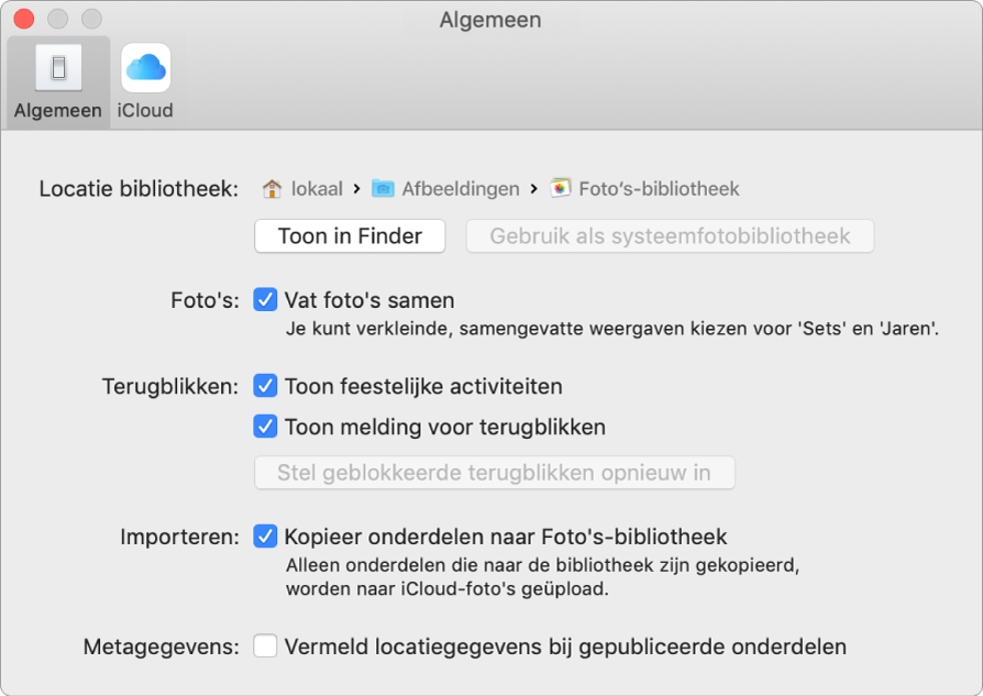 Het paneel 'Algemeen' in het voorkeurenvenster van Foto's.