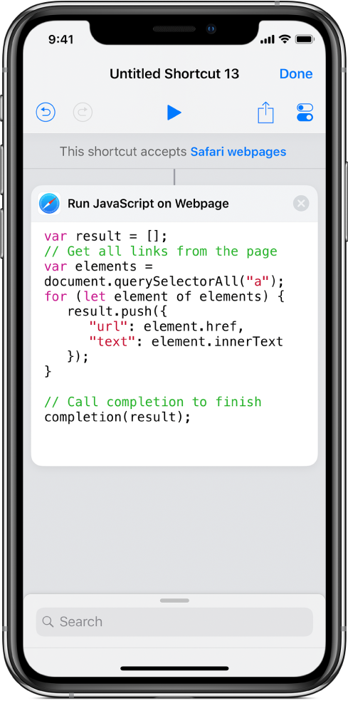 The Run JavaScript on Webpage action in the shortcut editor.