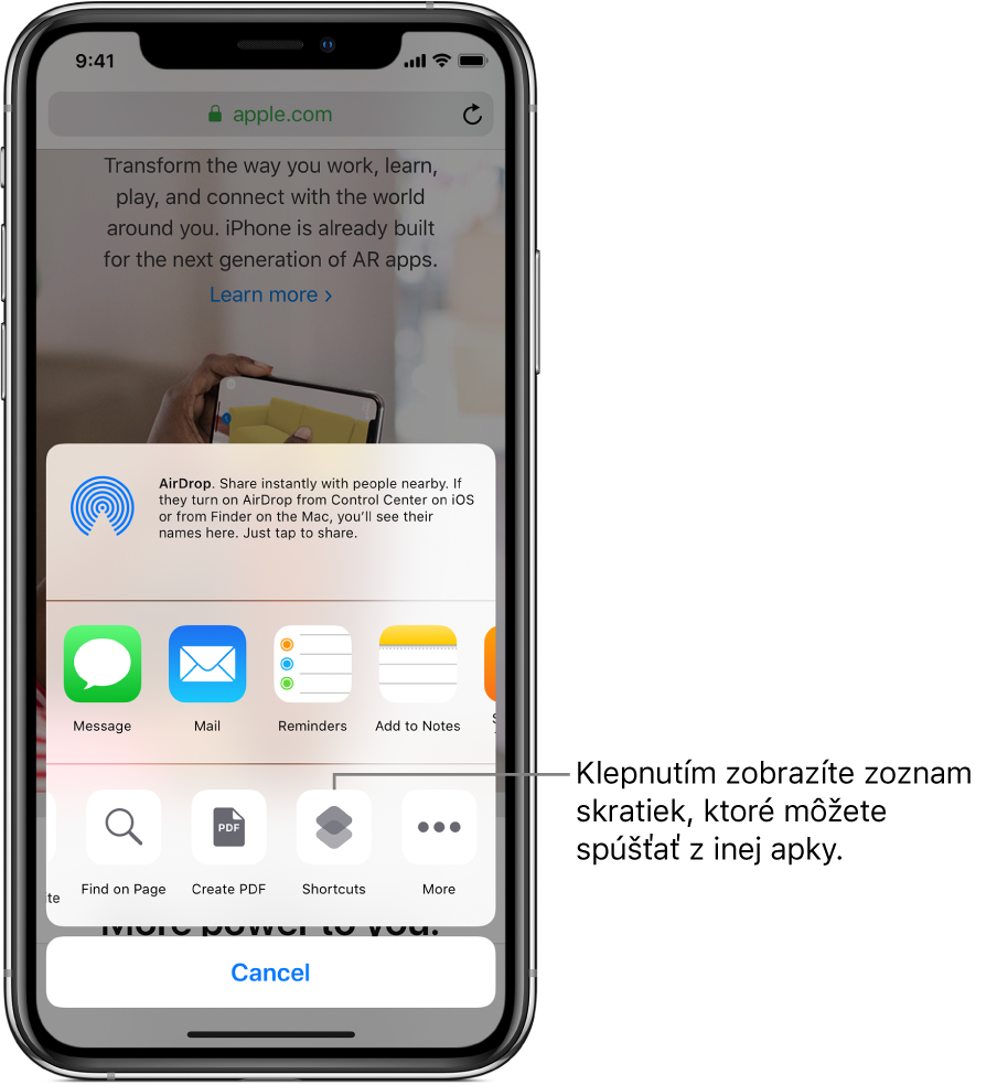 Tlačidlo Skratky na obrazovke zdieľania v apke Safari.