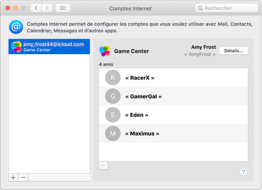 Compte Game Center dans Comptes Internet.