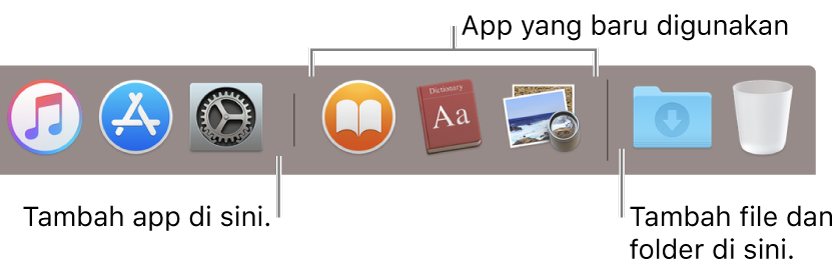Baris pemisah di antara app dan file serta folder di Dock.