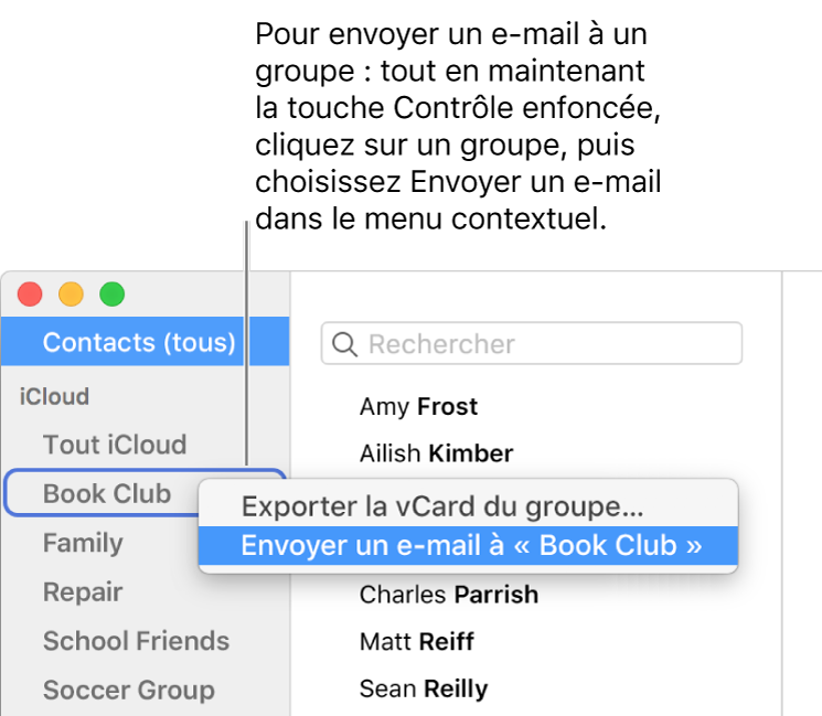 La barre latérale de Contacts affichant le menu local avec la commande permettant d’envoyer un e-mail au groupe sélectionné.