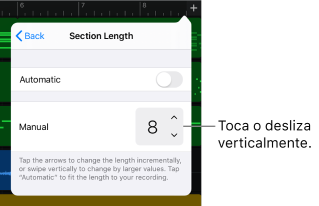 Controles para cambiar la duración de una sección de canción