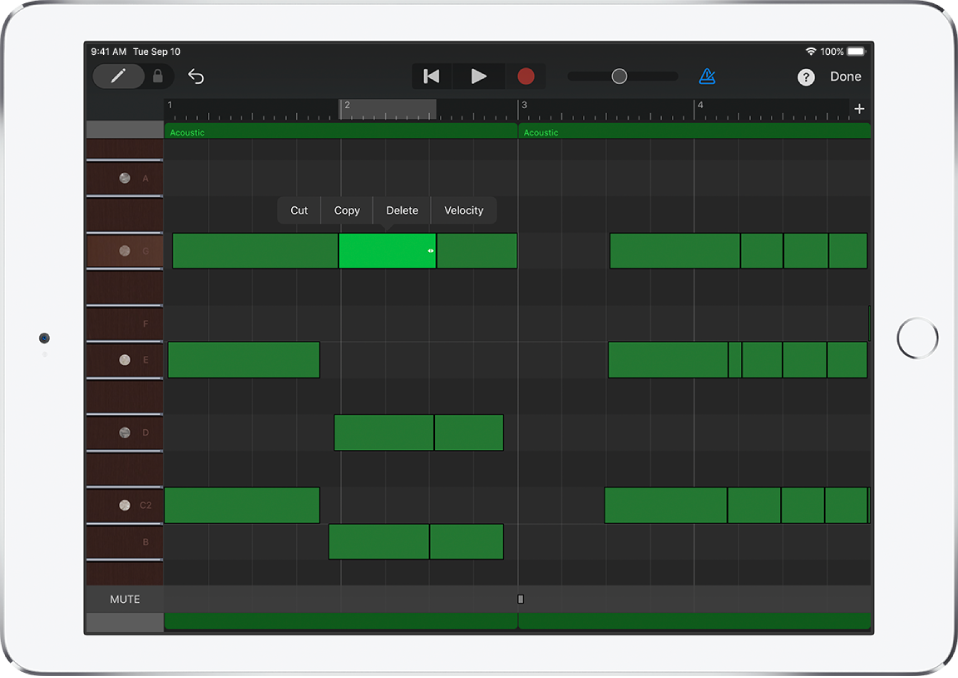 Editori, jossa on nuotti valittuna