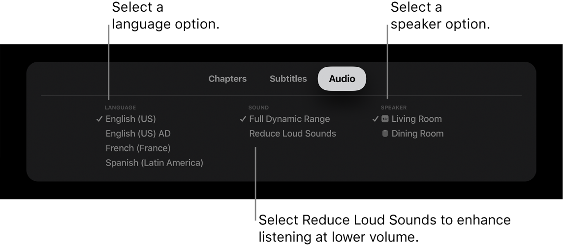 Playback screen showing Audio pull-down and Reduce Loud Sounds selected