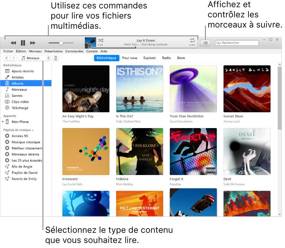 La fenêtre principale de la bibliothèque iTunes : Dans le navigateur, choisissez le type de contenus multimédias à lire (tel que Musique). Utilisez les commandes de la bannière située en haut pour lire votre contenu multimédia, et utilisez le menu local Liste d’attente sur la droite pour voir votre bibliothèque de différentes manières.