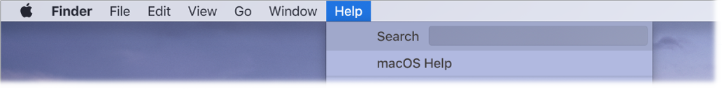 A partial desktop with the Help menu open, showing menu options for Search and macOS Help.