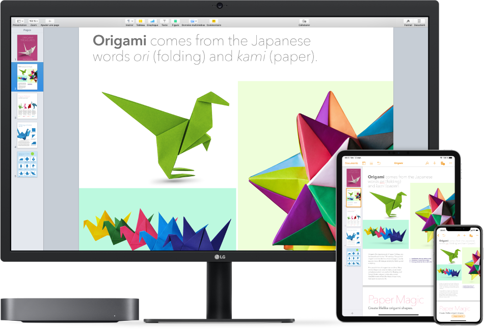 Contenu identique affiché sur un Mac mini, un iPad et un iPhone.