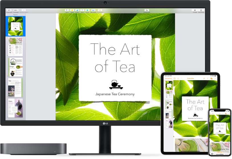 O Mac mini junto a vários dispositivos que estão a aceder ao mesmo conteúdo de iCloud.