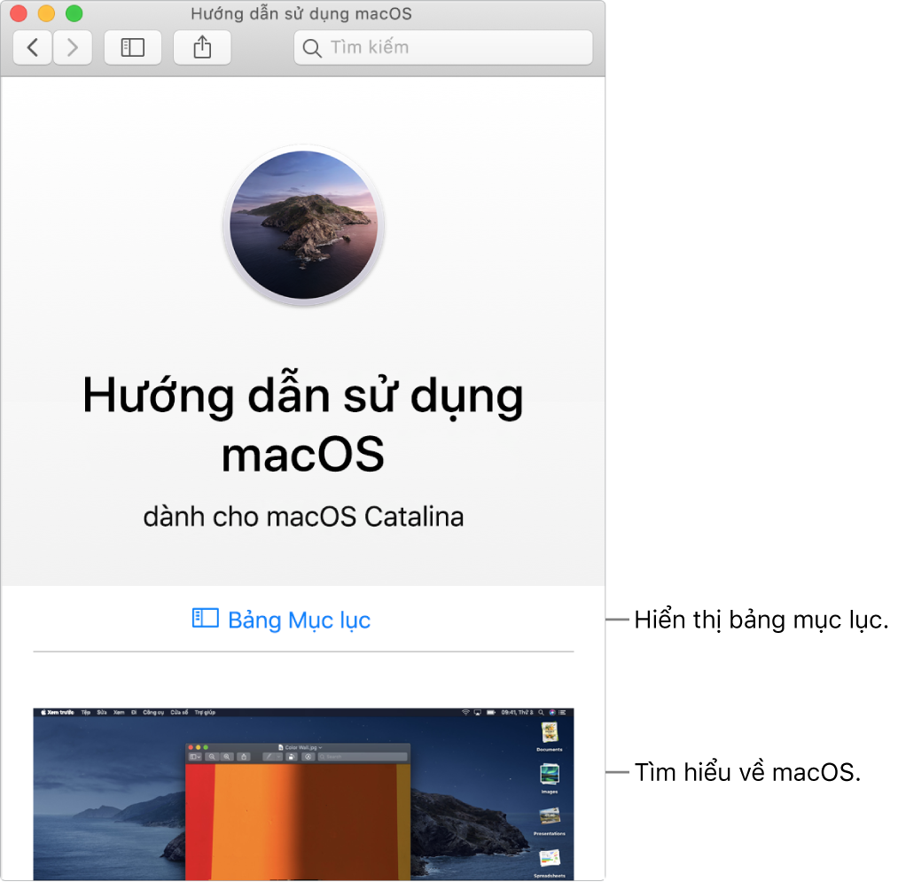 Trang chào mừng Hướng dẫn sử dụng macOS đang hiển thị liên kết Bảng mục lục.