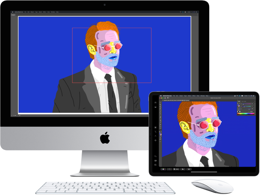 Egy iMac és egy iPad egymás mellett. Az iMac gépen egy grafika látható az Illustrator navigátorablakában. Az iPaden ugyanez a grafika látható az Illustrator dokumentumablakában, és eszközsorok veszik körbe.