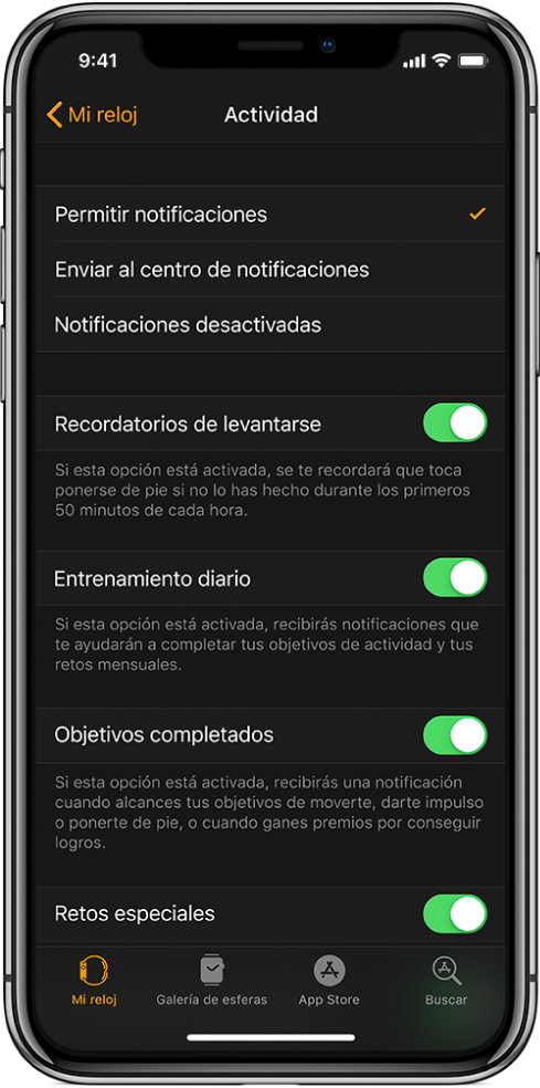 Pantalla Actividad de la app Apple Watch, donde puedes personalizar qué notificaciones quieres recibir.