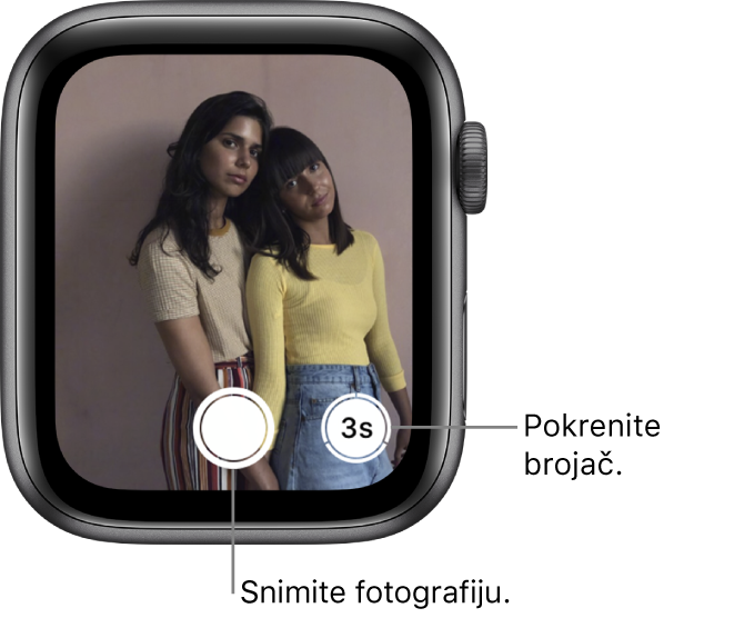 Dok se koristi kao upravljač kamere, zaslon Apple Watcha prikazuje ono što je u kadru iPhone kamere. Tipka za snimanje fotografije nalazi se u donjem središnjem dijelu, a tipka za snimanje fotografije s odgodom nalazi se s desne strane. Ako ste snimili fotografiju, tipka za prikaz fotografije nalazi se u donjem lijevom kutu.