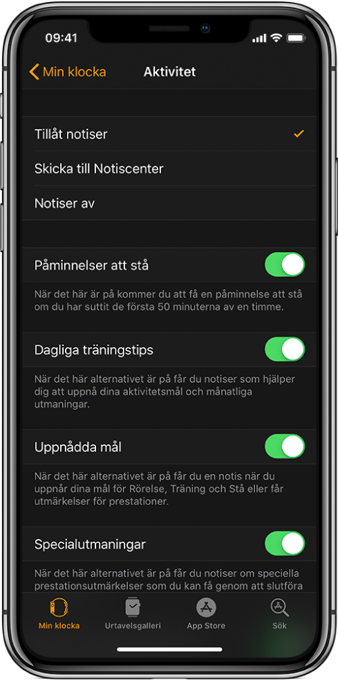 Aktivitetsskärmen i Apple Watch-appen där du kan anpassa vilka notiser du vill få.