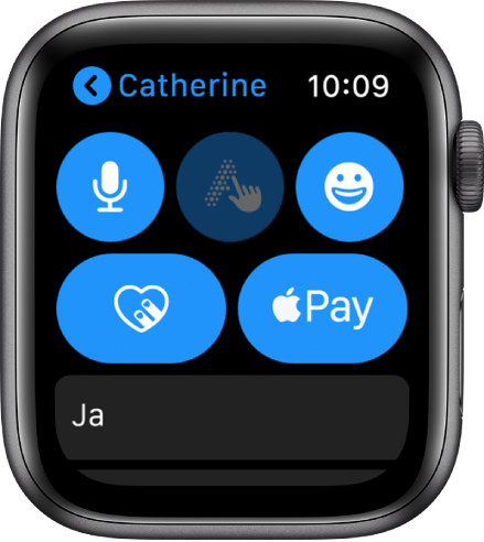 En Meddelanden-skärm med knappen Apple Pay längst ned till höger.