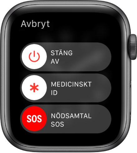 Skärmen på Apple Watch med tre skjutreglage: Stäng av, Medicinskt ID och Nödsamtal SOS.