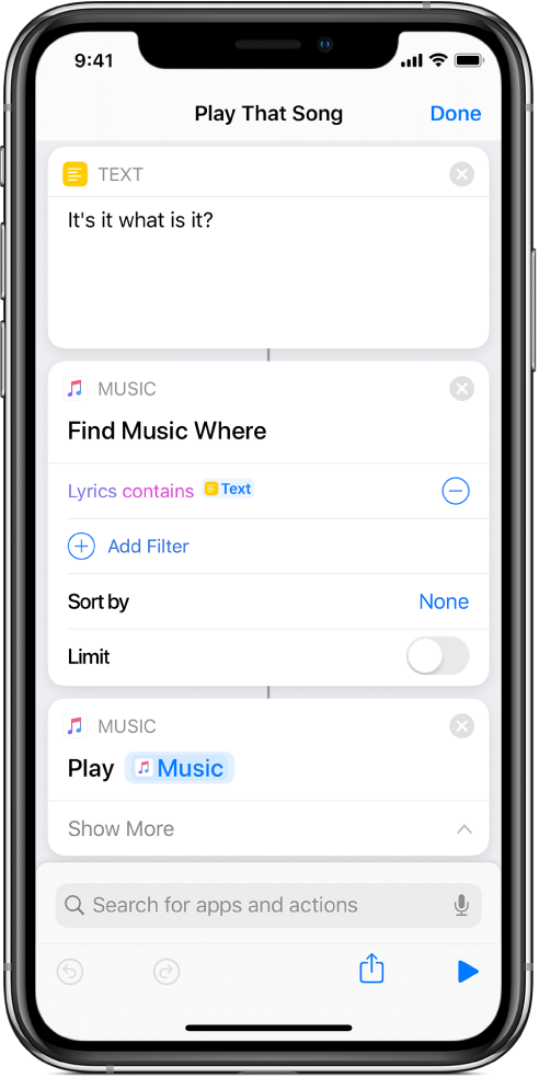 Genvej, der indeholder en Afspil musik-handling.