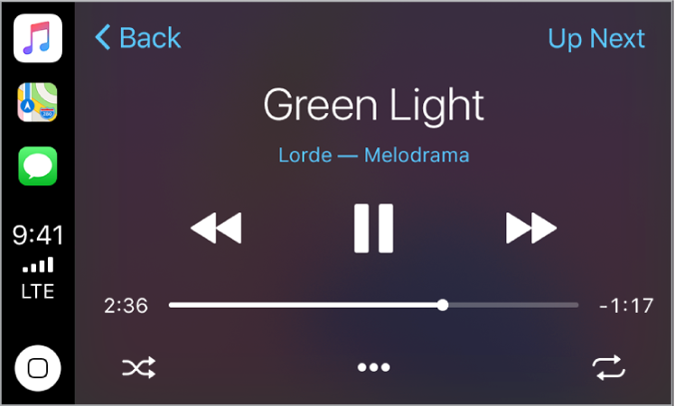 Екранът Now Playing (Сега се изпълнява) с бутони за възпроизвеждане, включително Previous (Предишна), Pause (Пауза), Next (Следваща), Shuffle (Разбъркай), More (Повече) и Repeat (Повторение).