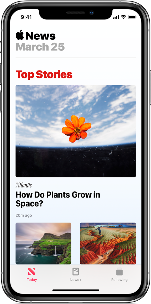 Obrazovka Today se skupinou Top Stories. Nahoře je vidět velký obrázek, pod ním název periodika a ještě níž titulek článku. V dolní části obrazovky se nacházejí dva další obrázky z článku. Podél dolního okraje obrazovky jsou rozmístěné panely Today, News+ a Following.
