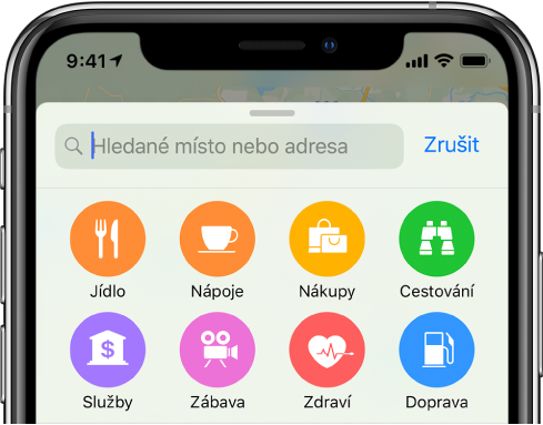 Pod vyhledávacím polem se zobrazují tlačítka osmi různých služeb. Horní řadu tvoří tlačítka s označením Jídlo, Pití, Nákupy a Cestování. Tlačítka v dolní řadě nesou označení Služby, Zábava, Zdraví a Přeprava.
