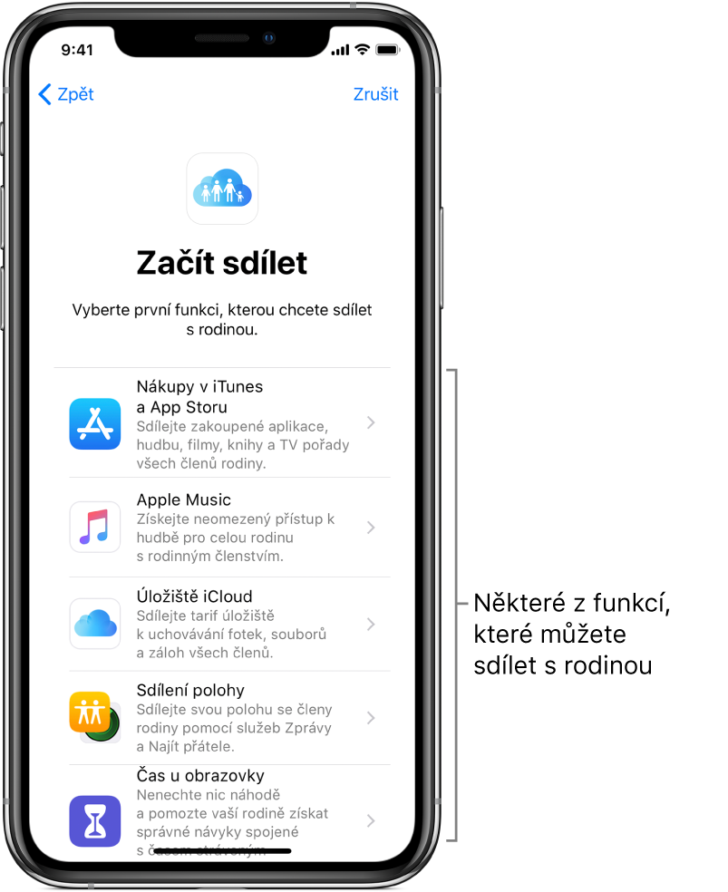 Obrazovka Začít v nastavení rodinného sdílení. Na obrazovce je uvedeno pět položek, které můžete s rodinnou skupinou začít sdílet – Nákupy v iTunes a App Storu, Apple Music, Úložiště na iCloudu, Sdílení polohy a Čas u obrazovky.