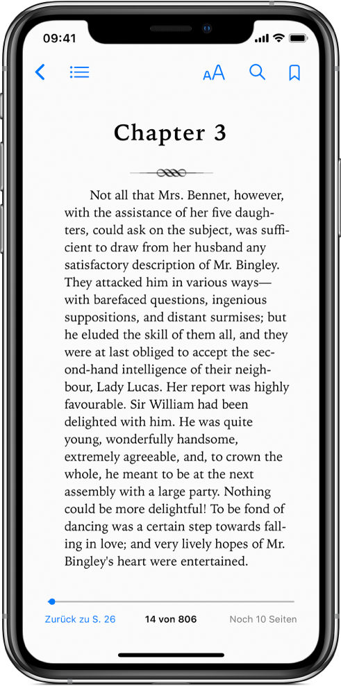 Eine Seite aus einem in der App „Bücher“ geöffneten Buch und am oberen Bildschirmrand von links nach rechts die Tasten zum Schließen des Buchs, zum Anzeigen des Inhaltsverzeichnisses, zum Ändern des Textstils, zum Suchen und zum Hinzufügen eines Lesezeichens. Ganz unten ist außerdem ein Schieberegler zum Blättern im Buch zu sehen.
