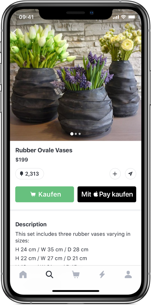 Ein Bildschirm einer App für einen Bezahlvorgang mit der Taste „Mit Apple Pay kaufen“.
