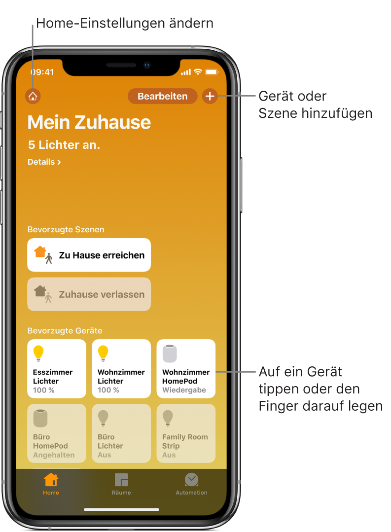 Der Tab „Home“ mit als Favoriten markierten Umgebungen und Zubehör. Außerdem wird der Status deines Zuhauses in einer Zusammenfassung angezeigt. Weitere Tabs unten sind „Räume“ und „Automation“.