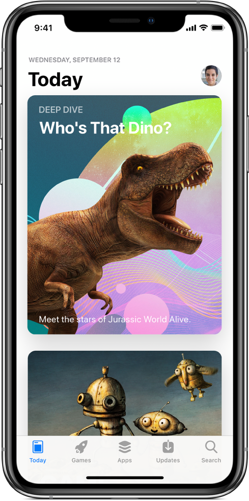 The Today screen of the App Store showing a featured app. Your profile picture, which you tap to view purchases, is in the top right. Along the bottom, from left to right, are the Today, Games, Apps, Updates, and Search tabs.