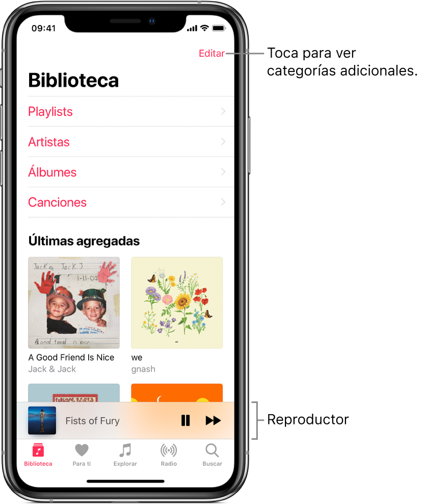 La pantalla Biblioteca mostrando una lista de categorías, incluyendo Playlists, Artistas, Álbumes y Canciones. Debajo de la lista aparece el encabezado "Agregadas recientemente". El reproductor mostrando el título de la canción actual y los botones Pausa y Siguiente, que aparecen cerca de la parte inferior.