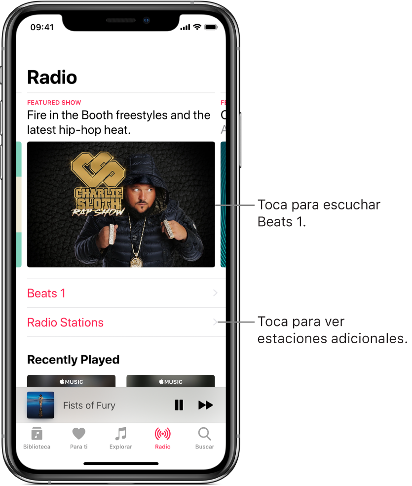 Pantalla de radio con la radio Beats 1 en la parte superior. En la parte inferior se encuentran Beats 1 y "Estaciones de radio".