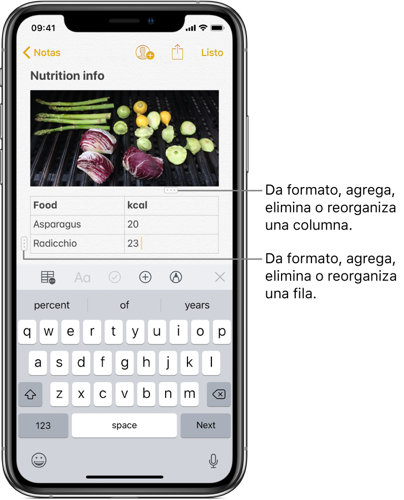 Una nota con una tabla. La parte superior de una columna muestra la manija de selección la columna que puedes tocar para dar formato, agregar, eliminar o reordenar la columna. De forma similar, el comienzo de una fila muestra la manija de selección de la fila.