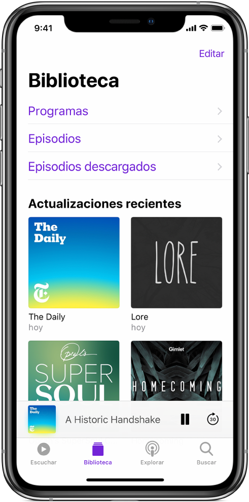 La pestaña Biblioteca con los podcasts que se han actualizado recientemente.