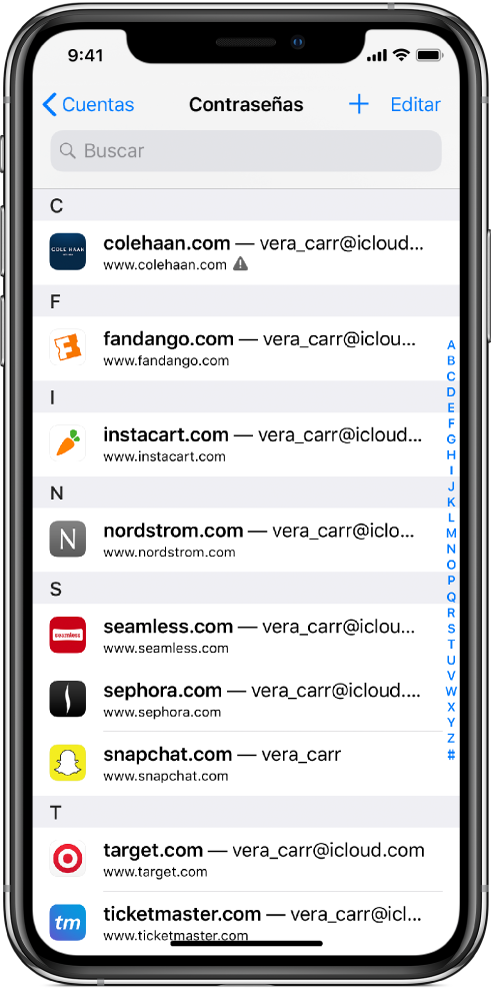 Pantalla de contraseña con una lista alfabética de sitios web y los nombres de las cuentas. El primer sitio web enumerado tiene un distintivo de contraseña reutilizada junto a su URL.