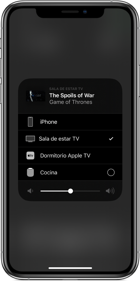 Se abre una ventana de AirPlay que muestra el título de un episodio de un programa de TV. Debajo hay una lista de dispositivos de AirPlay con la opción “Televisor del salón” seleccionada. En la parte inferior de la ventana hay un regulador de volumen.