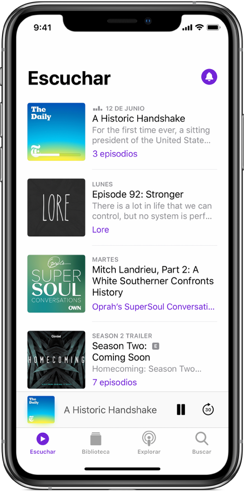 Pestaña Escuchar con los episodios que se han actualizado recientemente.