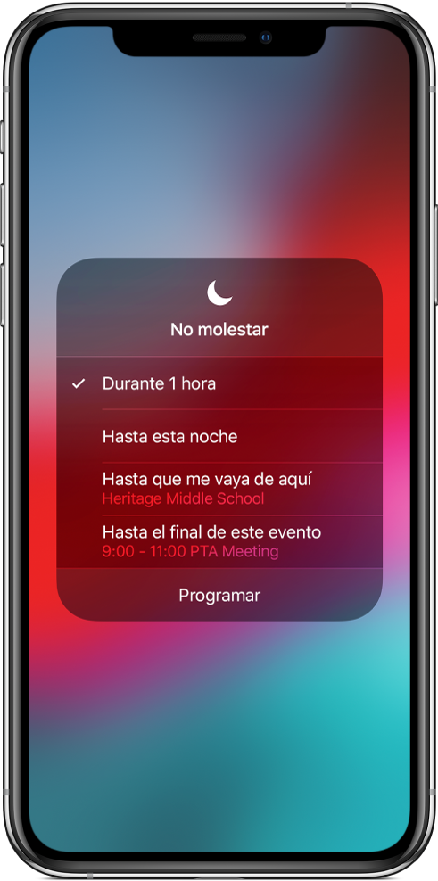 Pantalla con opciones para activar “No molestar” durante una hora, hasta la noche, hasta que te vas de un lugar o hasta el final de un evento.