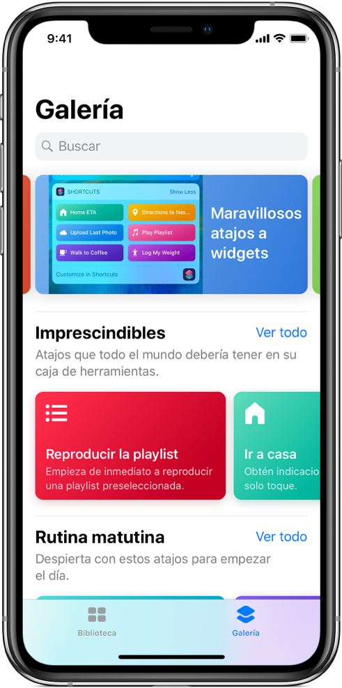 La pestaña Galería de la app Atajos con sugerencias de atajos.