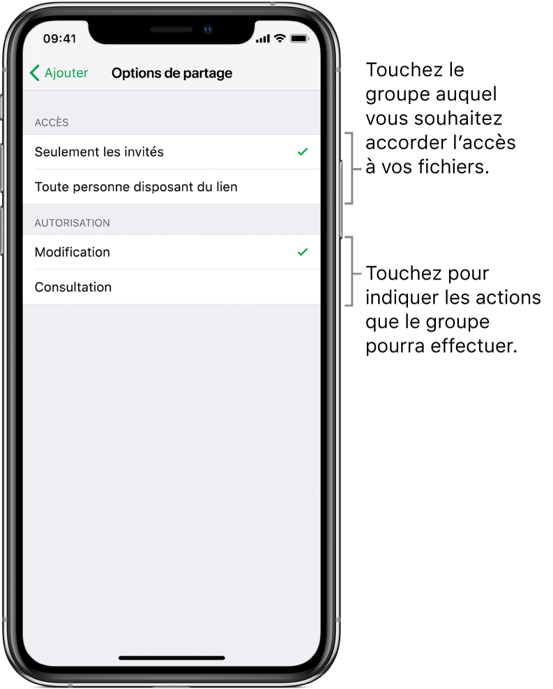 L’écran « Options de partage » affichant les autorisations que vous pouvez définir pour le fichier partagé. En haut se trouvent les options disponibles pour les personnes ayant accès au fichier (uniquement les personnes que vous avez invitées ou celles disposant du lien vers le fichier). En dessous sont présentées les actions que vous voulez autoriser pour ces personnes (apporter des modifications au fichier ou seulement le consulter).