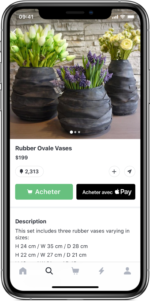 Une app affichant un écran de paiement qui inclut le bouton Acheter avec Apple Pay.