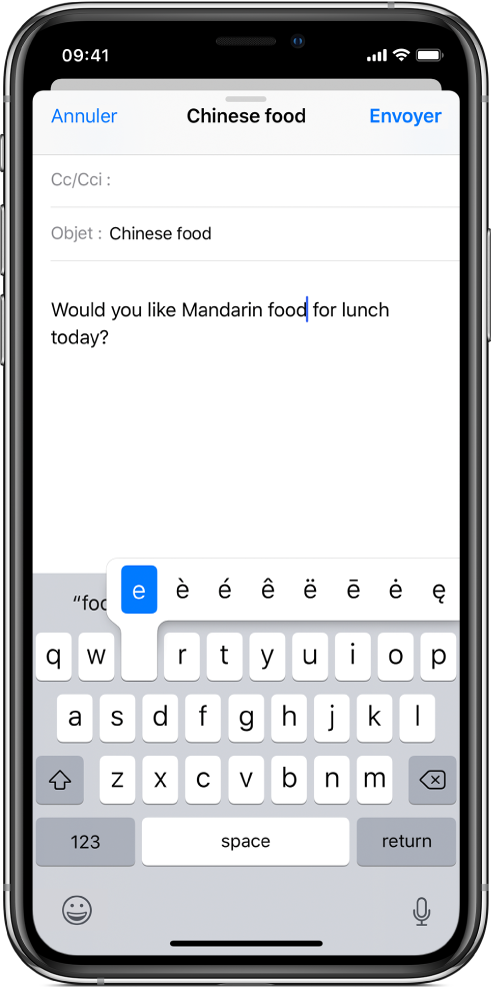 Écran affichant les caractères secondaires pour la touche « e ».