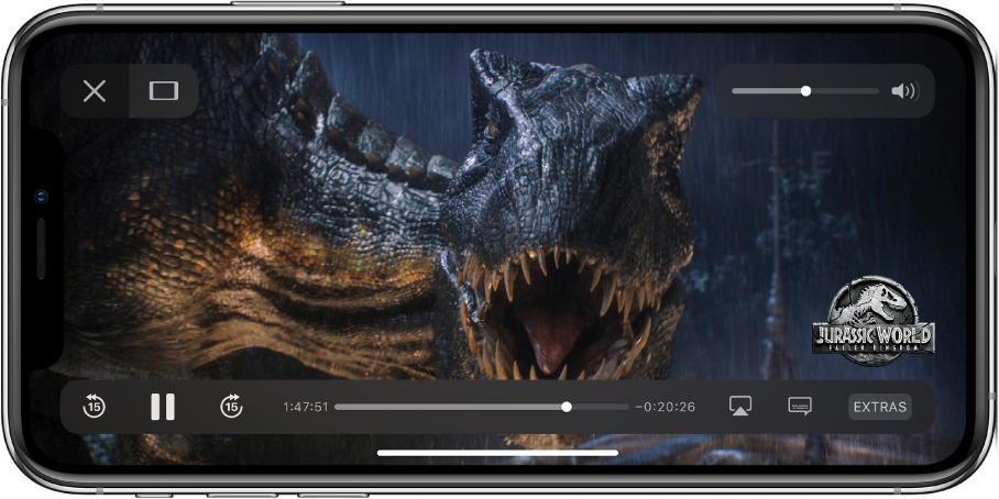 Un film en cours de visionnage, avec les commandes de lecture affichées. Les boutons OK et Remplir se trouvent en haut à gauche. Le curseur de volume se trouve en haut à droite. En bas à gauche se trouvent les boutons permettant de revenir 15 secondes en arrière, de mettre en pause et d’avancer de 15 secondes. En bas au centre se trouve un curseur que vous pouvez faire glisser pour ajuster la position de la vidéo. Le temps passé et le temps restant s’affichent de chaque côté du curseur. En bas à droite se trouvent des boutons permettant de modifier la destination de la vidéo, d’afficher les sous-titres et de lire du contenu supplémentaire.