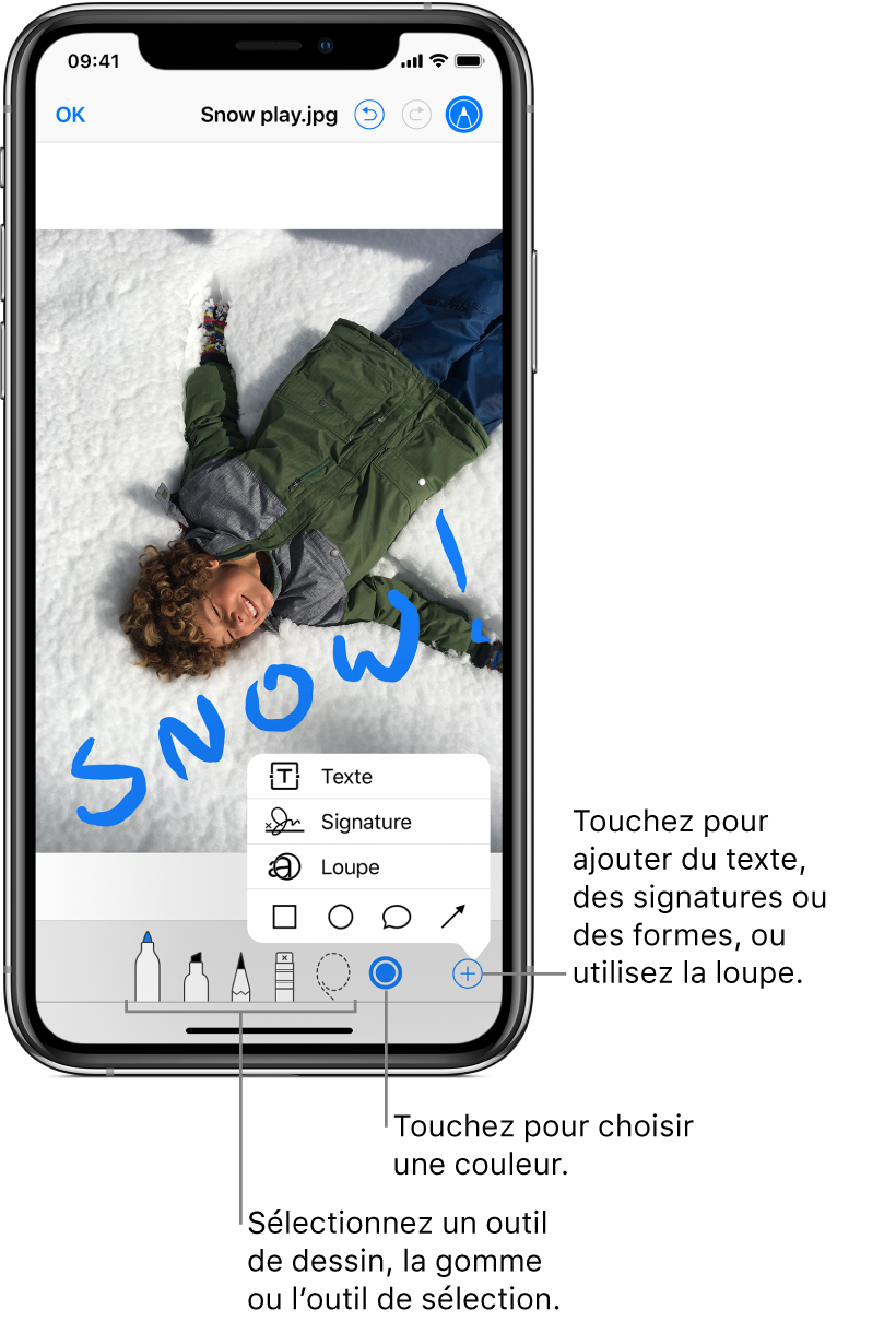 Une image dans une fenêtre d’annotation. Sous l’image, de gauche à droite, se trouvent les boutons permettant d’utiliser les outils d’annotation : des stylos pour dessiner, une gomme, un outil de sélection, des couleurs et des boutons permettant d’ajouter une zone de texte, votre signature et des formes, puis un autre pour sélectionner la loupe.