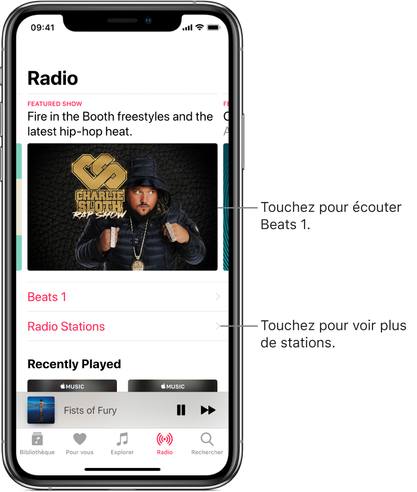 L’écran de Radio présentant Beats 1 en haut. Beats 1 et les stations de radio apparaissent en dessous.